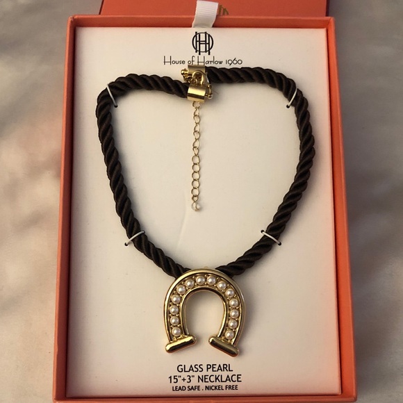 House of Harlow 1960 Brown Nylon Rope Necklace Gold Tone Horseshoe Pendant NIB - Picture 1 of 12